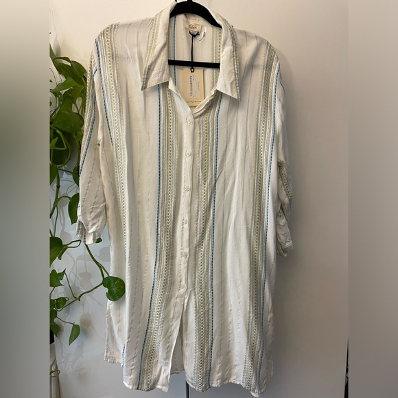 NWT Elan White Multi Stripe Button Up Boyfriend Top cover Up Medium - Picture 5 of 13